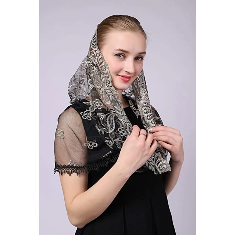 Velos de Mantilla negros y dorados para mujeres, velo de Iglesia Católica para cubrir la cabeza, envoltura de cabeza tradicional, bordado Floral, encaje redondo de tul