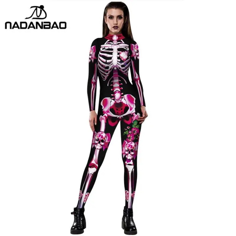 NADANBAO New Rose Esqueleto Traje Macacão 3D Impressão Assustador Trajes de Halloween Para As Mulheres Mecânico Crânio Bodysuit