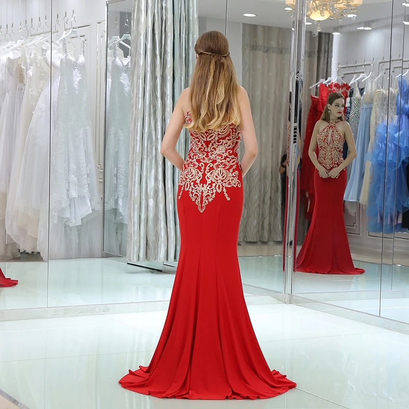 JaneVini Elegante Raso Rosso Abiti da ballo per Le Donne 2020 Halter Oro Appliques In Rilievo Sleeveless Della Sirena Partito Abito Formale Gala