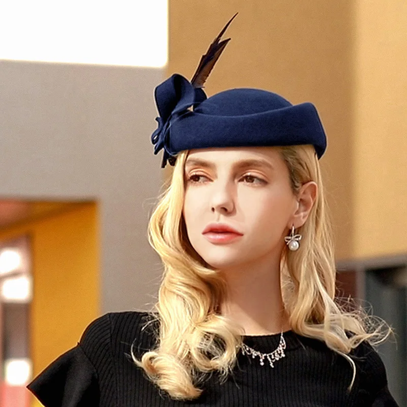 Women Feather Hat Fascinator For Wedding Black Wool Fedoras Felt Hats Elegant Lady Derby Church Party Hats