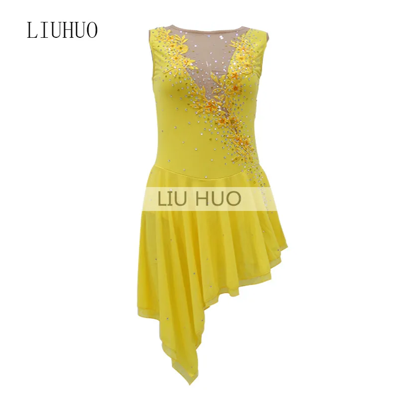 

LIUHUO Figure Skating Dress Women's Girls' Ice Performance Yellow Sleeveless Rhythmic Gymnastics Competition Leotard Roller Kid