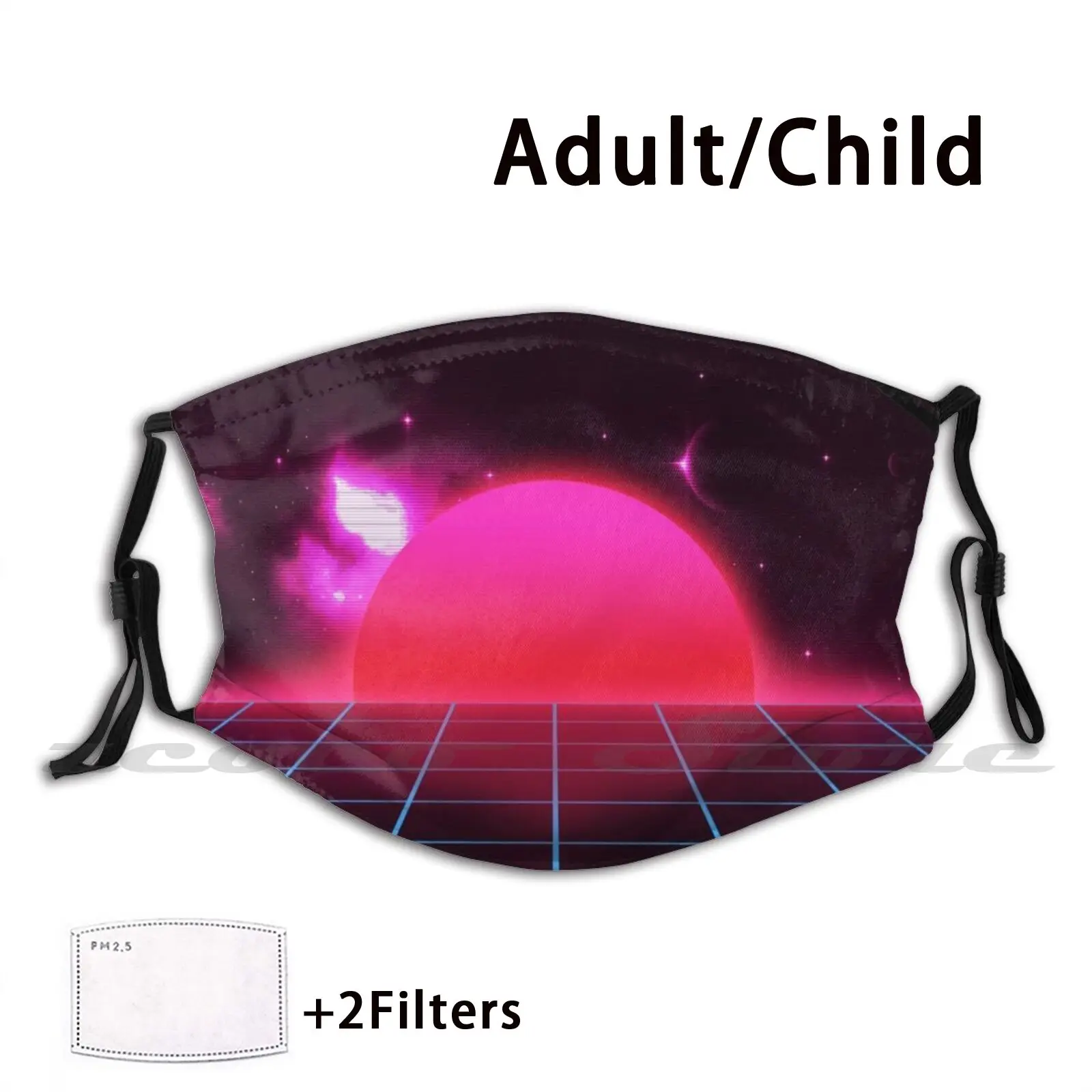 Sundown Sunrise Scenery In A Retro 80S 90S Grid Outrun Style Graphic Mask Cloth Reusable Print Filter Washable Space Synthwave