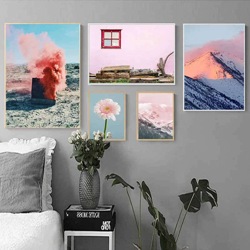 Pink Flower Posters Landscape Painting Snow Mountain Decorative Picture Wall Art Canvas Print Painting Living Room Home Decor