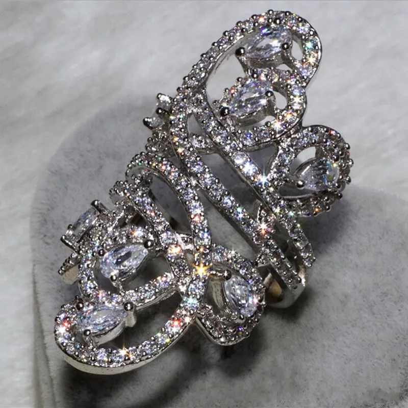 Long line White Gold Filled ring Pave Diamond Jewelry Engagement Wedding band Rings for Women Bridal Party accessory