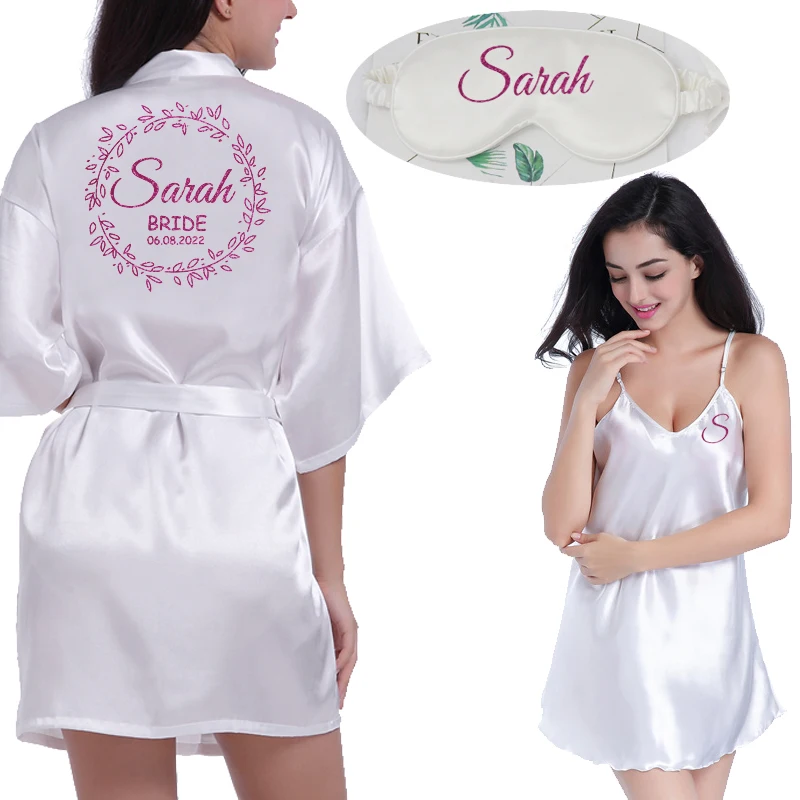 

Custom Name Wedding Women Nightgown Bridesmaid Gift Nightdress Bathrobe Female Satin Kimono Bath Gown Sleepwear Pink Robes Suit