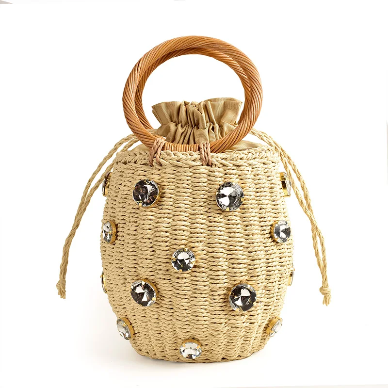 Bolso de paja hecho a mano para mujer, bolsa pequeña de paja con adornos de cristal y diamantes de imitación, de viaje, novedad de 2021