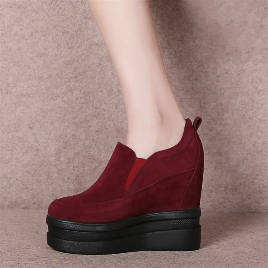 Sepatu Wedges hak tinggi wanita, sepatu kasual selop kulit asli, sepatu pump Platform ujung bulat, sepatu sneaker modis untuk wanita