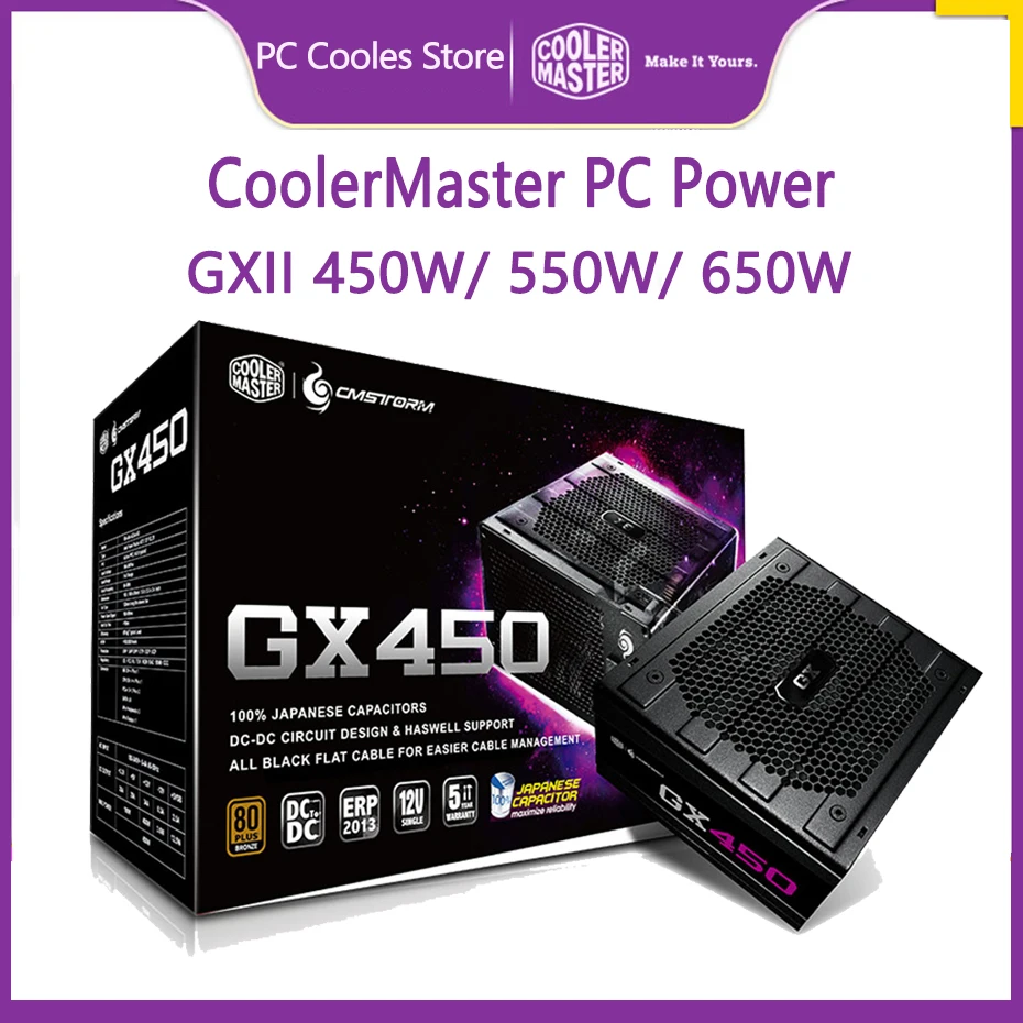 

Cooler Master GX450 GX550 GX650 Computer Game Power Supply 12V 450/550/650Watt PC PSU Japanese Capacitor With 120mm Slient Fan