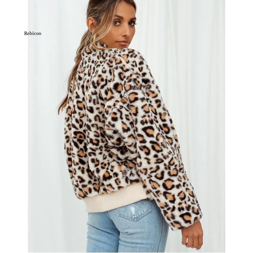 Women's Winter Long Sleeve Leopard Print Zip Up Fleece Jacket Outerwear Coat with Pockets Streetwear Femmle Cloths Thicken Warm