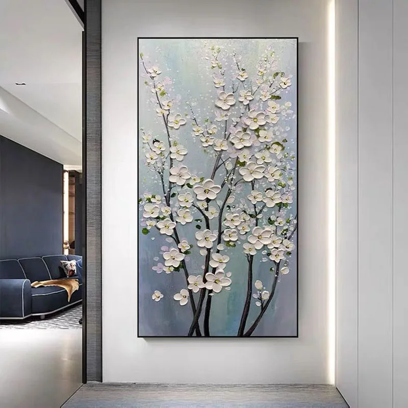 

Hand Painted Abstract Oil Painting Wall Art White Flowers Tree Picture Modern On Canvas Decor For Living Room Office No Frame