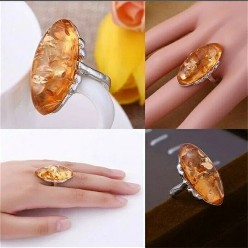 Vintage Oval Amber Stone Retro Rings for Womens Mens Jewelry Ring Size 6-10