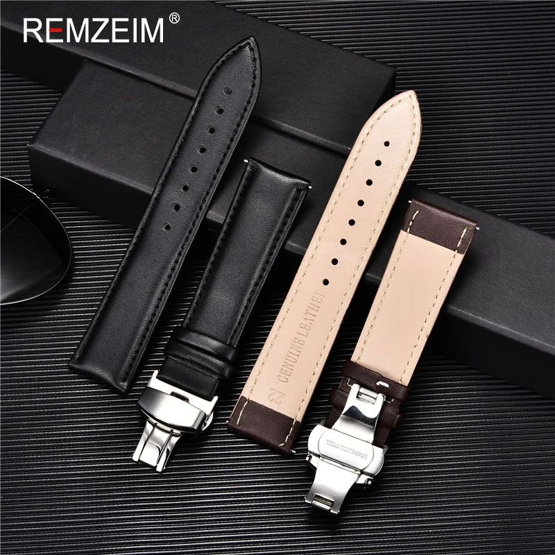 REMZEIM Leather Watchband Strap 18/20/22/24MM Calfskin Watch Band Stainless Steel Buckle Watch Accessories Black Brown