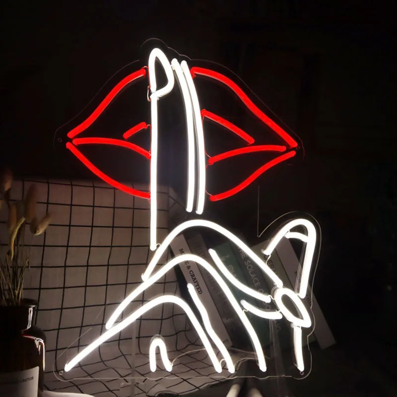 Custom neon sign with Lips and fingers Shh neon sign for house, shop and event decoration