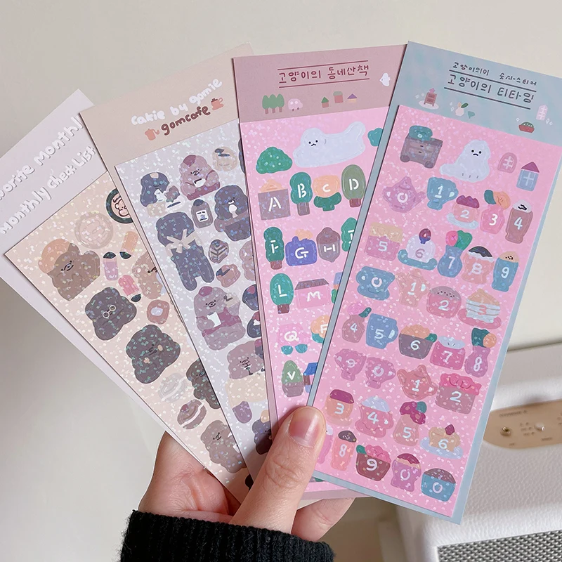 Cute Glittery Bear Ribbon Number Deco Stickers Korean DIY Scrapbooking Diary Albums Paper Kawaii Stationery Sticker