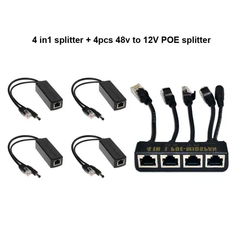 PoE Injector Splitter Cable Kit 4 In 1 PoE Midspan Splitter + 4pcs 48V To 12V POE splitter cable  Power supply Module