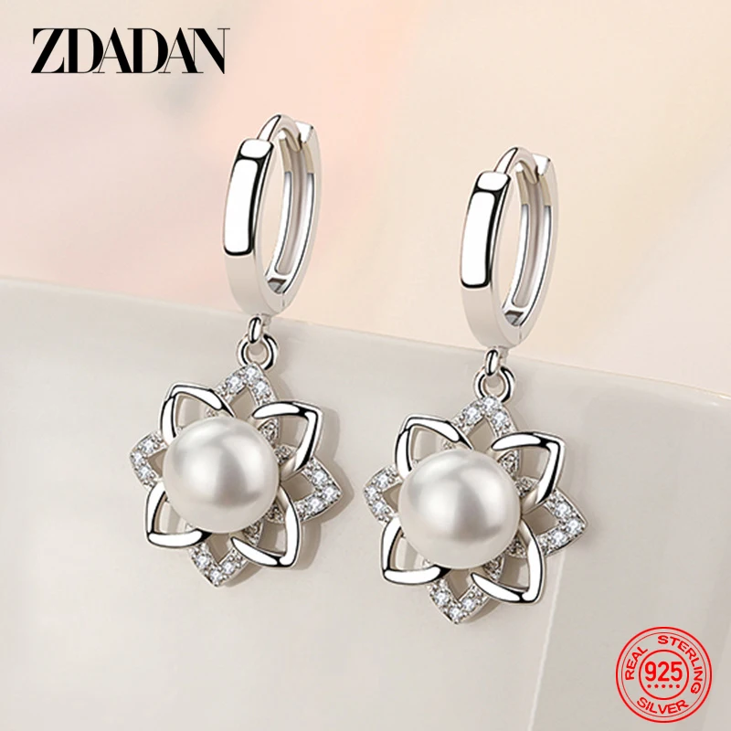 ZDADAN 925  Sterling Silver Vintage Floral Pearl Drop Earrings For Women Fashion Wedding Jewelry Gift