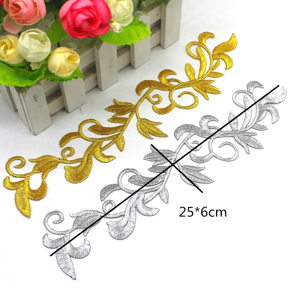 Gold Embroidery Patches Iron on Appliques For Cosplay Costume Diy Apparel Lace Trim For Stage Clothes 24*6cm