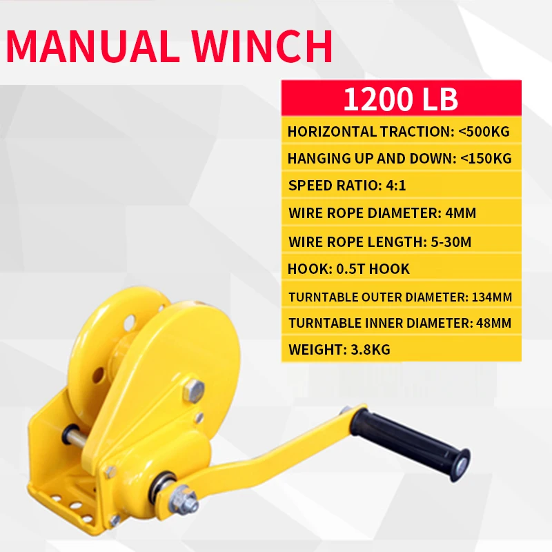 1200lb Household Portable Traction Hoister Hand Crank Two-Way Self-Locking With Brake Horizontal Traction 500kg