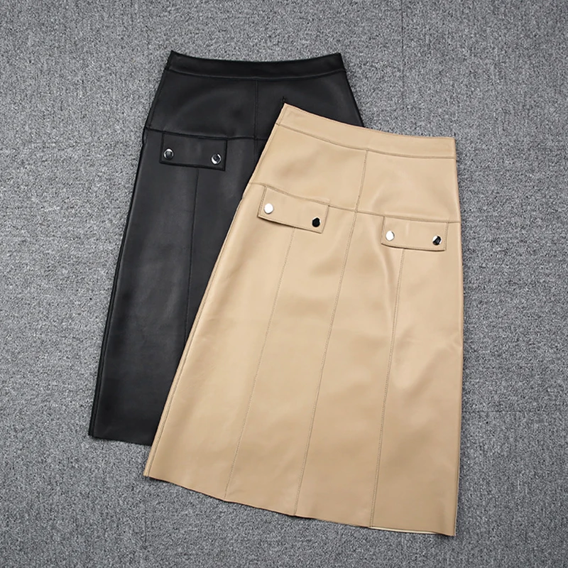 

Lambskin Skirts Office Ladies Real Leather High Waist A Swing Bag Cover Fladas Black/Apricot Rokjes Dames Casual All-match Jupes