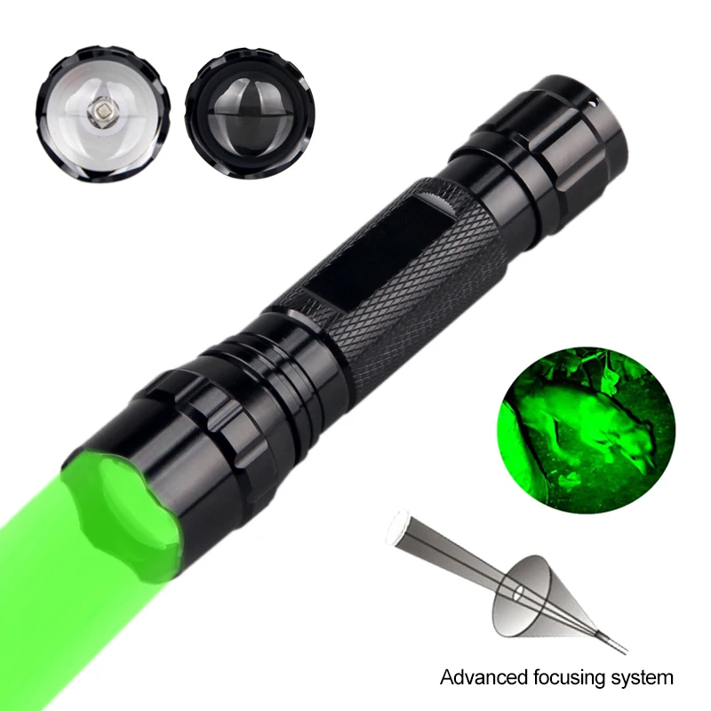 Tactical Green/Red Light Hunting Flashlight Adjustable Focus Zoom Torch Power by 18650 Battery for Outdoor Night Hunting Camping