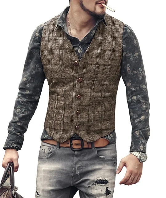 Men Vests Men Brown Black Suit Waistcoat Plaid Steampunk Jacket Tweed Vintage Slim Fit Groomsmen Groom gilet Wedding clothing