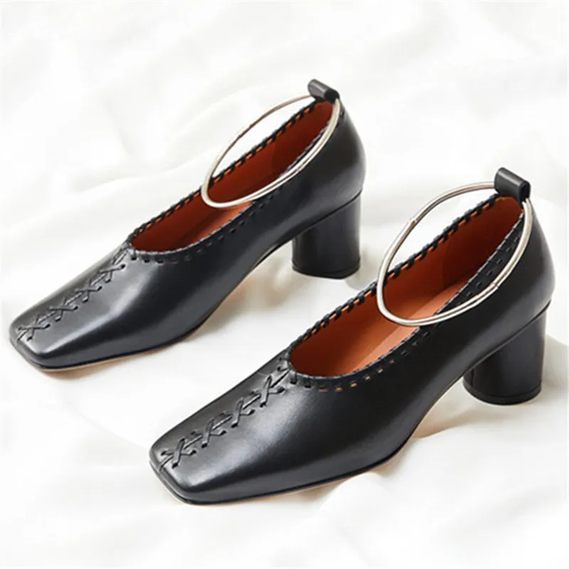 

Retro Square Toe Women Pumps Metal Circle Decor Woven High Heels Black Dress Shoes Stiletto Zapatos Mujer