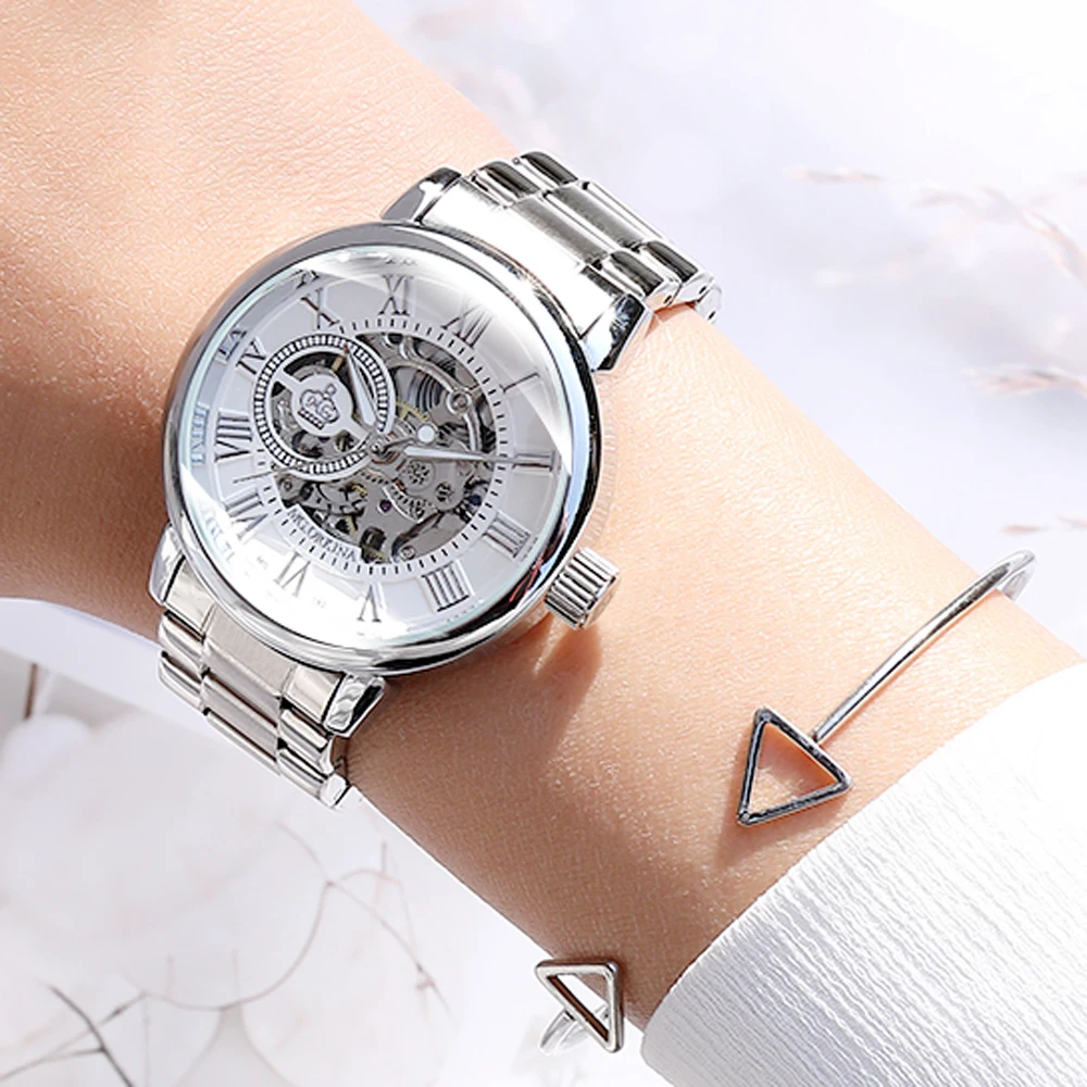 ORKINA Women Watches Fashion Automatic Mechanical Watch 2024 Silver Logo Skeleton Dial Stainless Steel Band Elegant Ladies Watch