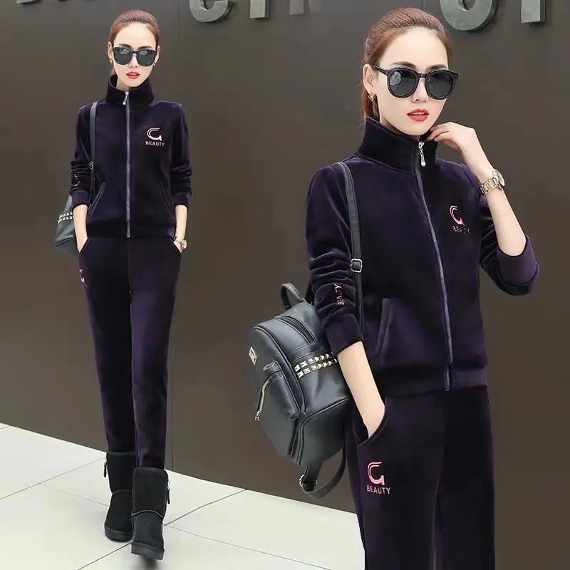 Winter Thickened Embroidered Velvet Tracksuit Women Casual Stand Collar Zipper Jacket + Pant Suit Jogging Velour Two Piece Set