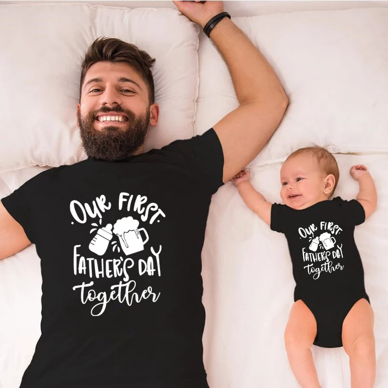 Our First Father's Day Together Family Matching Clothes Funny Cotton Family Look Dad and Me Tshirt Baby Romper Father's Day Gift