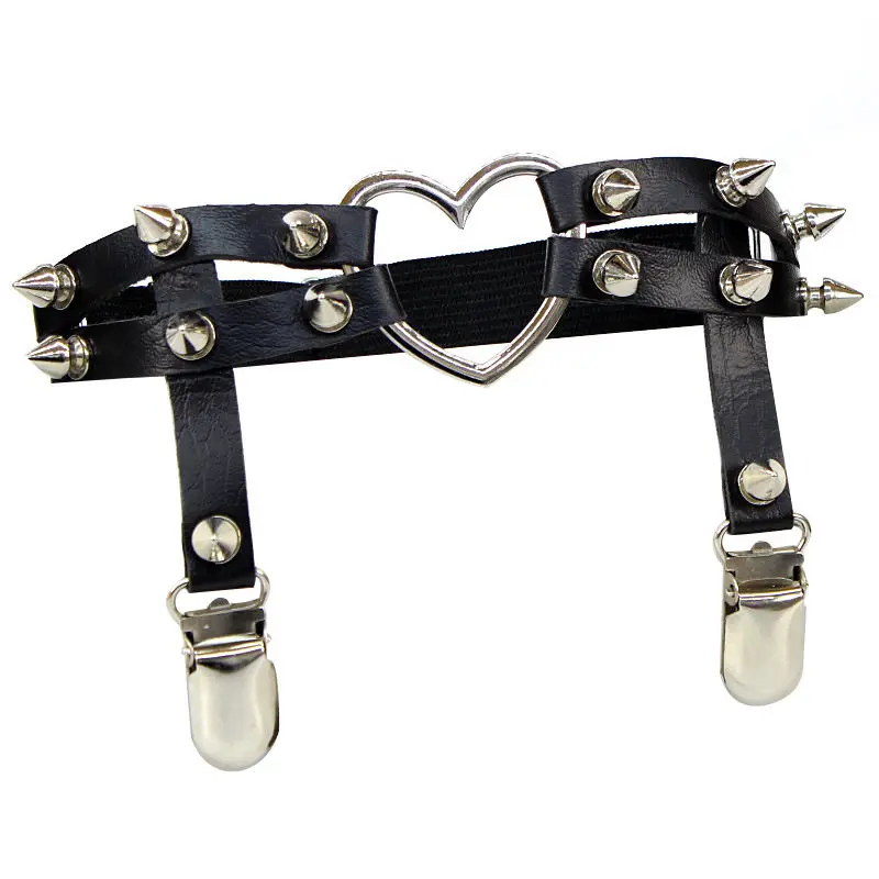 New Gothic Rock Pub Punk Garter Belt Rivets Leg Ring Thigh Harness Heart Black PU Leather Suspenders Women Girls Body Jewelry