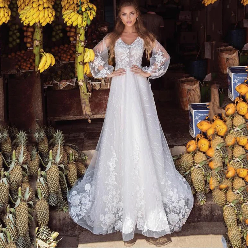 Lace Boho Wedding Dress 2024 V-neck See-through Bodice A-line Appliques Beach Glitter Bridal Dress Long Sleeves Wedding Gowns