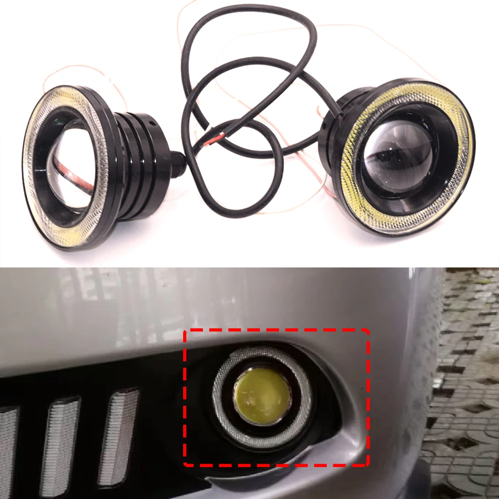 2x Universal 2.5/3.0/3.5 Inch COB LED Fog Lights White Angel Eyes Halo Ring Daytime Running Lights DRL Projector Lamp 30W 12V