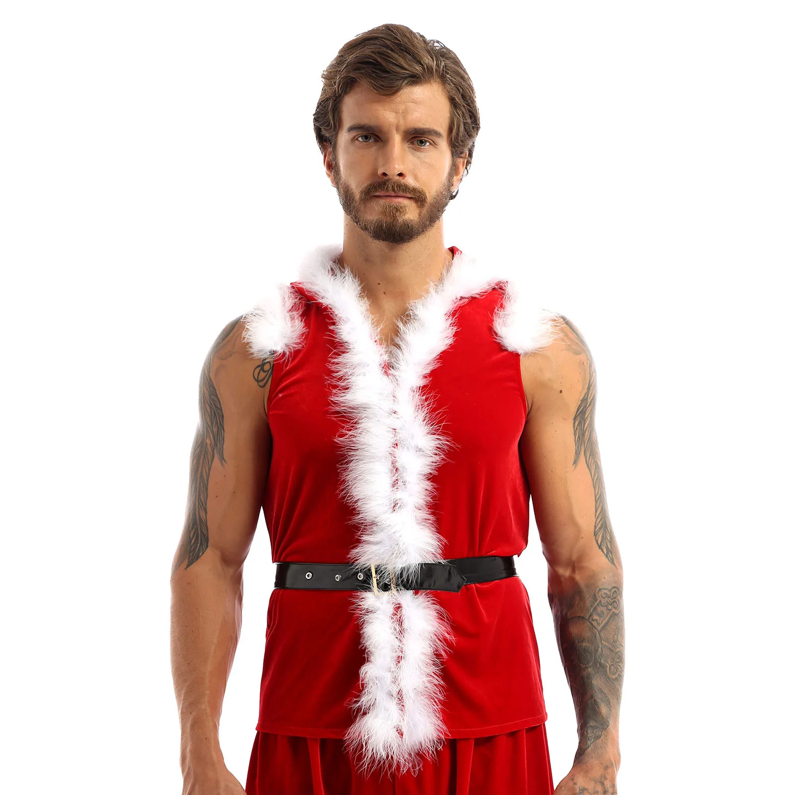 Mens Muscles Hooded Coats Christmas Party Santa Claus Cosplay Costume Velvet Faux Fur Hodded Waistcaot Vest Tops with Belt 2Pcs