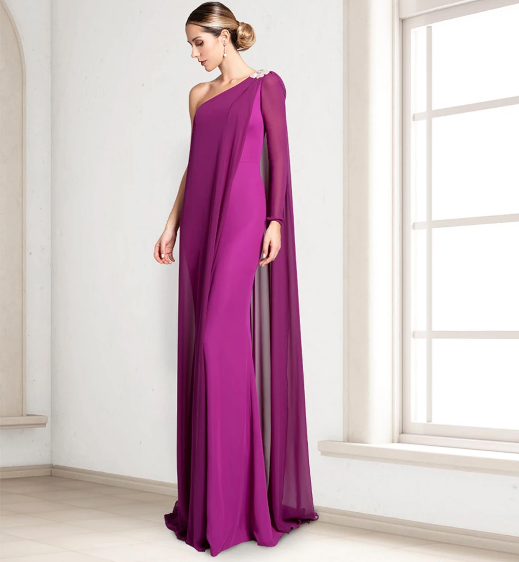 One Shoulder Long Sleeve Prom Dress Grape Elastic Satin Sheath Chiffon Floor Length Evening Gowns Dresses Formal