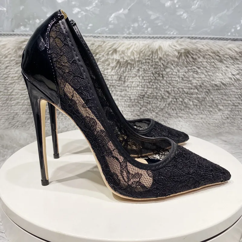 12cm sexy Women's high-heeled shoes with mesh lace, thin high-heeled shoes, narrow pointed, sexy, party use, black and white