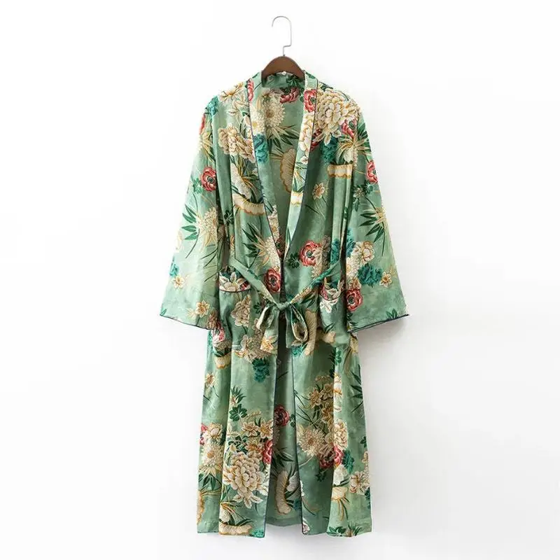 Women\'s Casual Floral Printed Blazer2 Pieces Set Suit V-Neck Wiped Kimono Loose Pajama Jacket +Trousers Two Piece  Suits