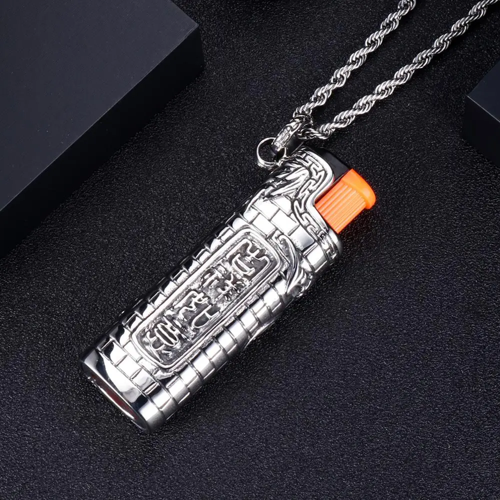 Fongten Cigarette Lighter Pendant Hollow Charm Necklace Stainless Steel Cubic Retro Pendants Necklaces Men Jewelry