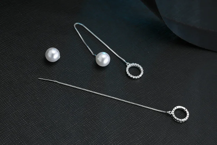 New Fashion 925 Sterling Silver Zircon Round Leaves Box Chain Long Tassel Ear Line Luxury Pearl Stud Earrings Silver Earrings