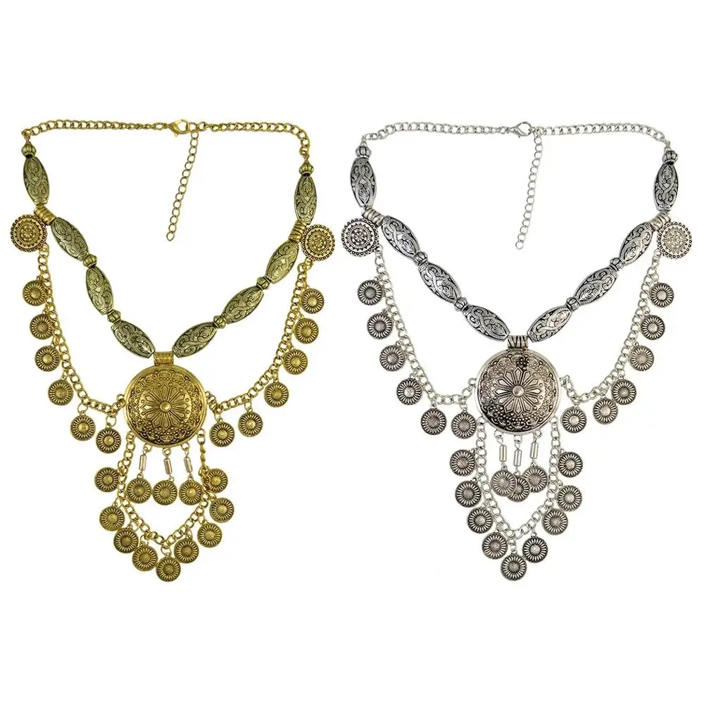 Boho Ethnic Big Choker Necklace&earrings Set Women Vintage Color Maxi Necklace Pendant Women's Large Collier Coin Necklace Jewe