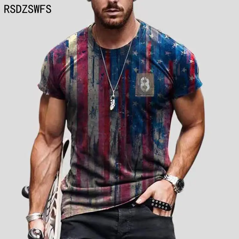 2021 Summer American Flag 3D Print Men Casual Fashion T-shirt Round Neck Loose Oversize Muscle Streetwear Clothing Man\'s Tshirts