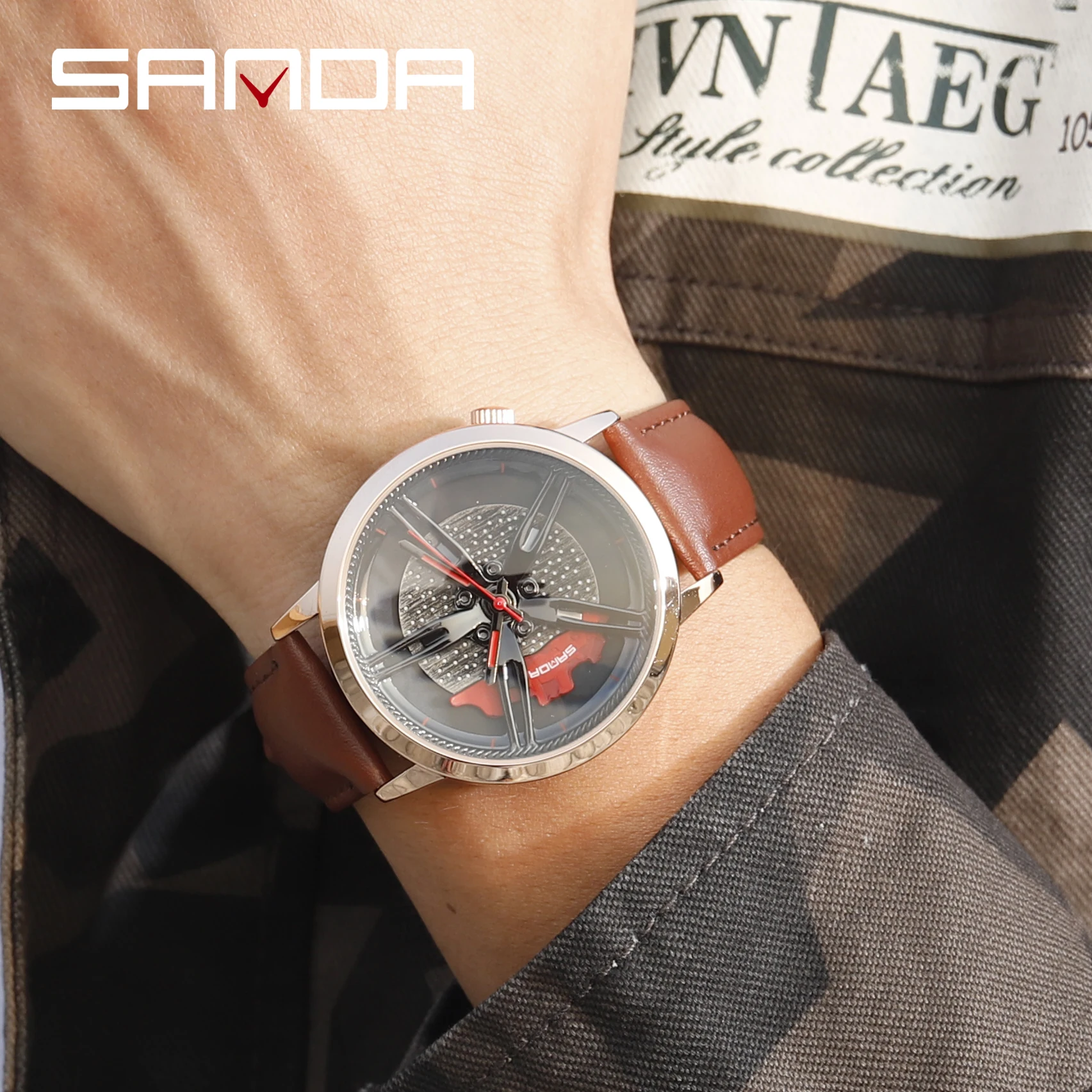 Sanda Top Brand New Men Wristwatch Fashion Wheel Series Dial Leather Strap Waterproof Gift Watch Premium Quartz Movement 1040