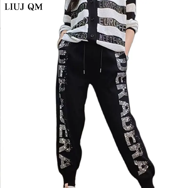 2024 Autumn New Loose High-waist Knitted Pants Women Heavy Industry Letters Hot Drilling Casual Trousers High Harem Pants