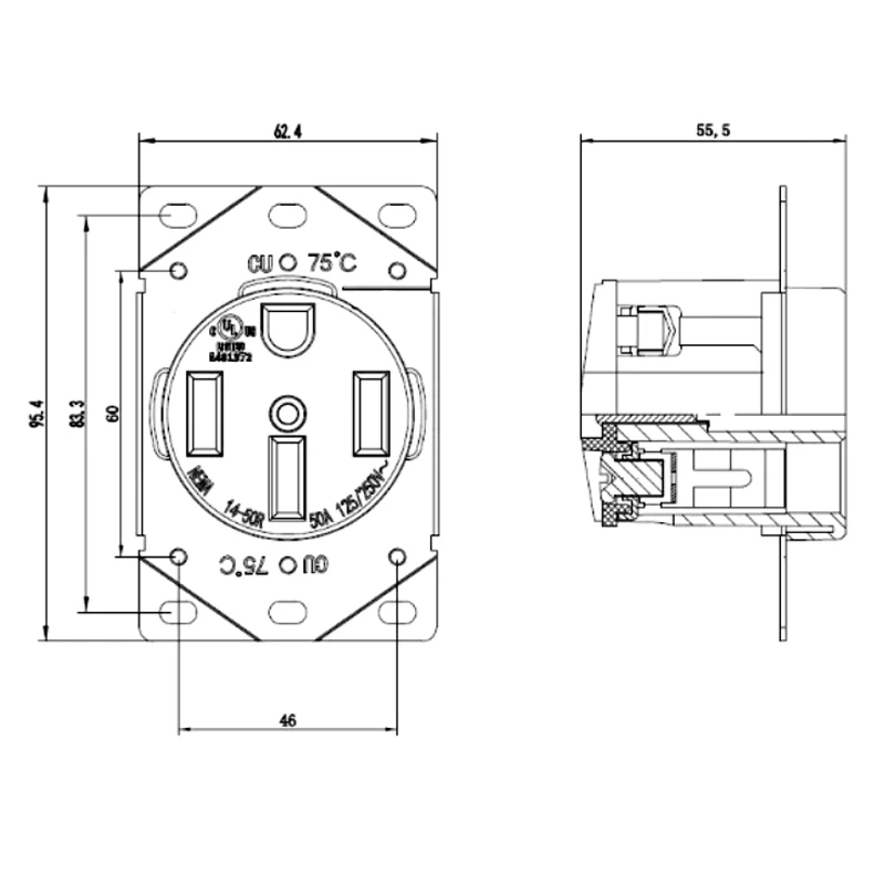 Amerikanischen standard Industrial Buchse 4 Pole 4 Loch NEMA L14-50R Power Buchse Outlet 50A/125V ~ 250V buchse UL