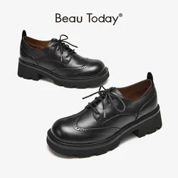 BeauToday obuwie damskie skóra bydlęca Derby Brogue okrągły nosek woskowanie zasznurować zamknięcie buty damskie na platformie Handmade 21885