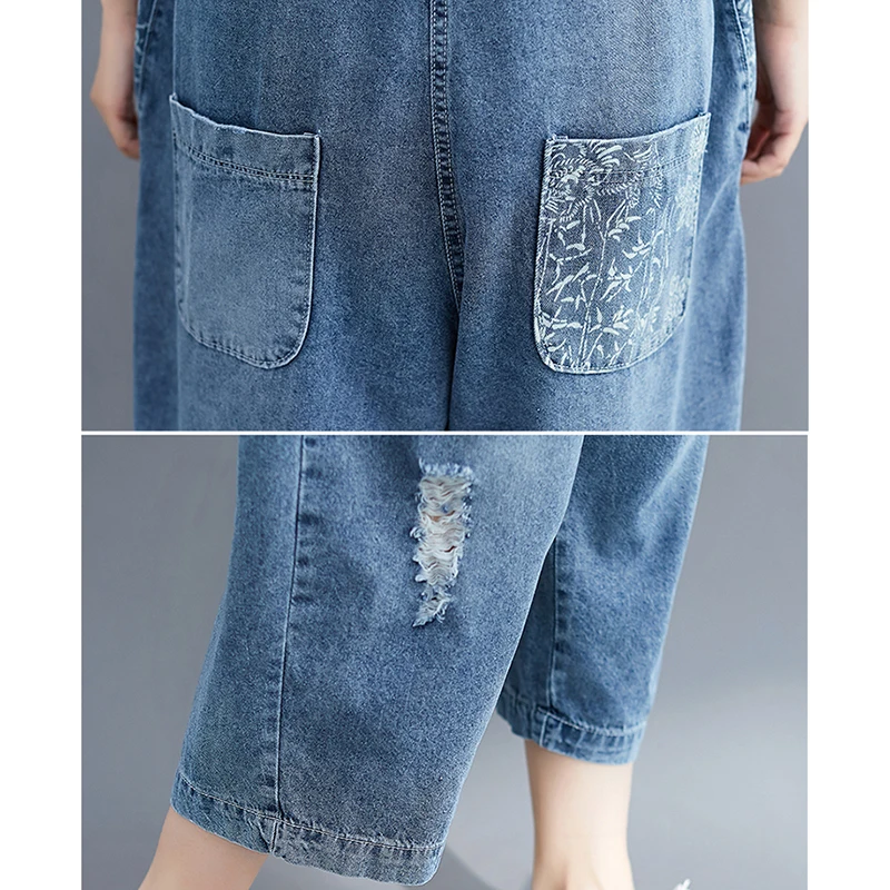 Loose Oversized Jeans Overalls For Women Wide Leg Plus Size Denim Jumpsuit Pockets Ripped Bib Baggy Pants Double Straps Rompers