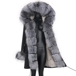 Abrigo de piel de conejo Real para mujer, Chaqueta larga impermeable, Parkas con forro de conejo Rex, Cuello de piel de mapache extraíble, prendas de vestir con capucha, Invierno