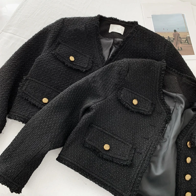 

2021 Winter Black Jackets Women Long Sleeve Vintage Elegant Short Coat Korean Fashion Button Loose Y2k Cropped Jacket Outwear