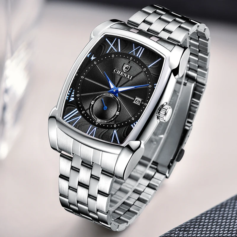 

2021 CHENXI Men's Watches Fashion Casual Rectangle Watches Men Stainless Steel Chronograph Quartz Wristwatches Business Watch