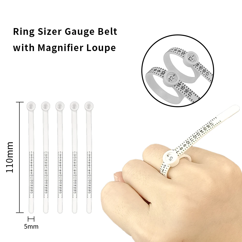 1-17 US Plastic Ring Sizer Gauge Finger Sizing Measurement Tool Belt for Mans with Magnifier Loupe Jewelry Making Tools 5PCS