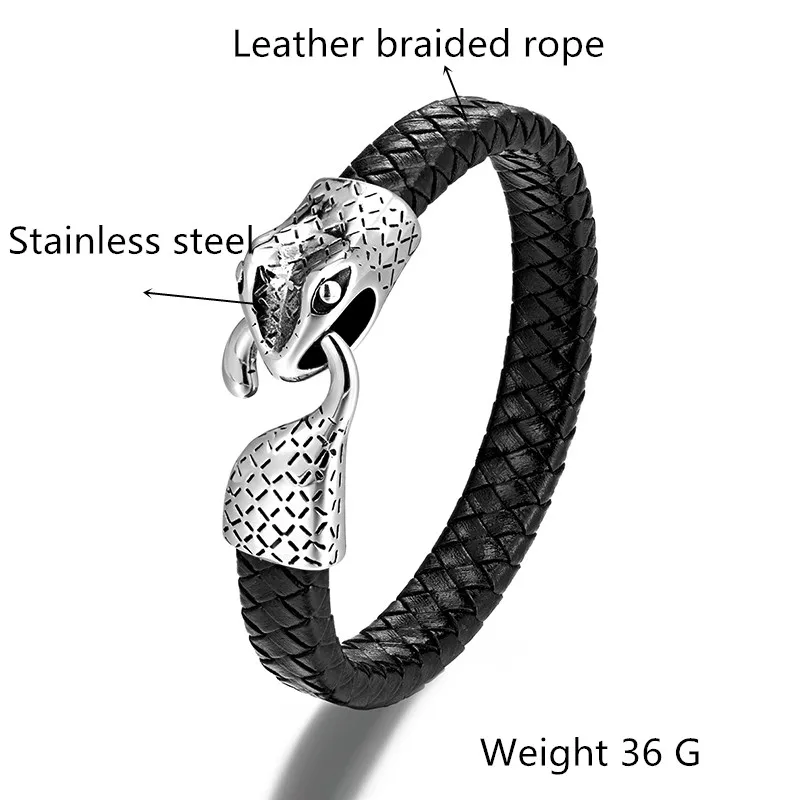 European and American Trendy Punk Style Snake Head Wolf Head Men\'s Stainless Steel Bracelet Leather Cord Bracelet Jewelry